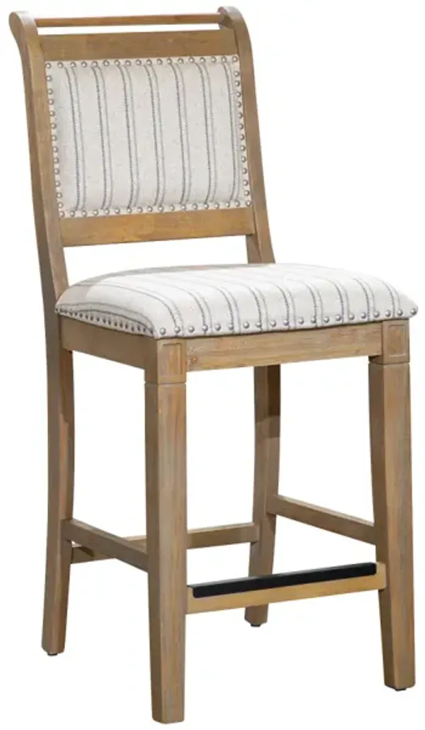 24" Counter Stool, Rustic Gray Finish, Gray Stripe Fabric Seat