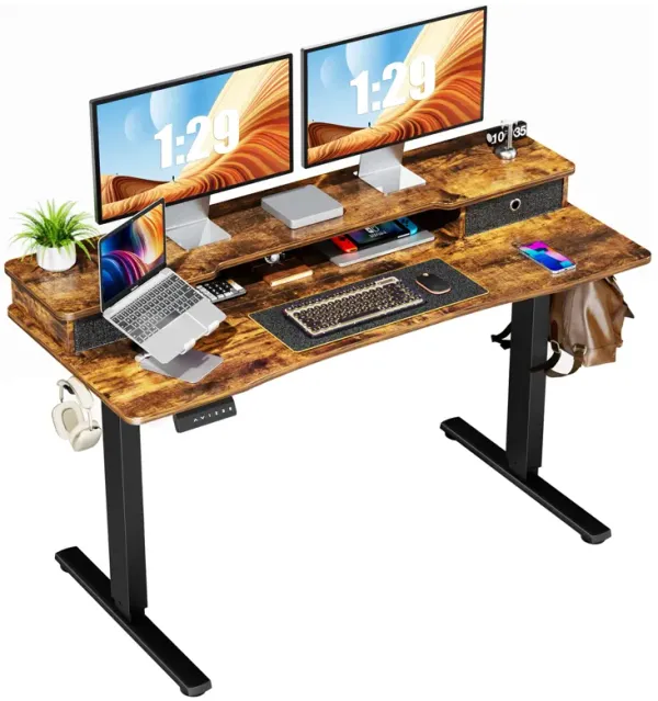 Home Office Height Adjustable Electric Standing Desk With Storage Shelf Double Drawer