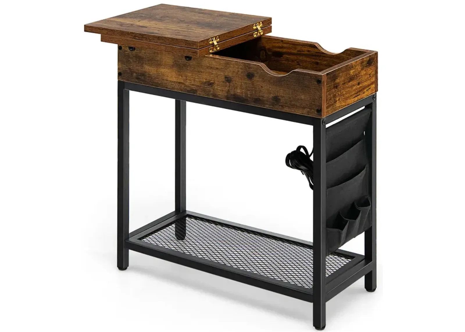 Industrial End Table with Charging Station and Flip Top-Rustic Brown