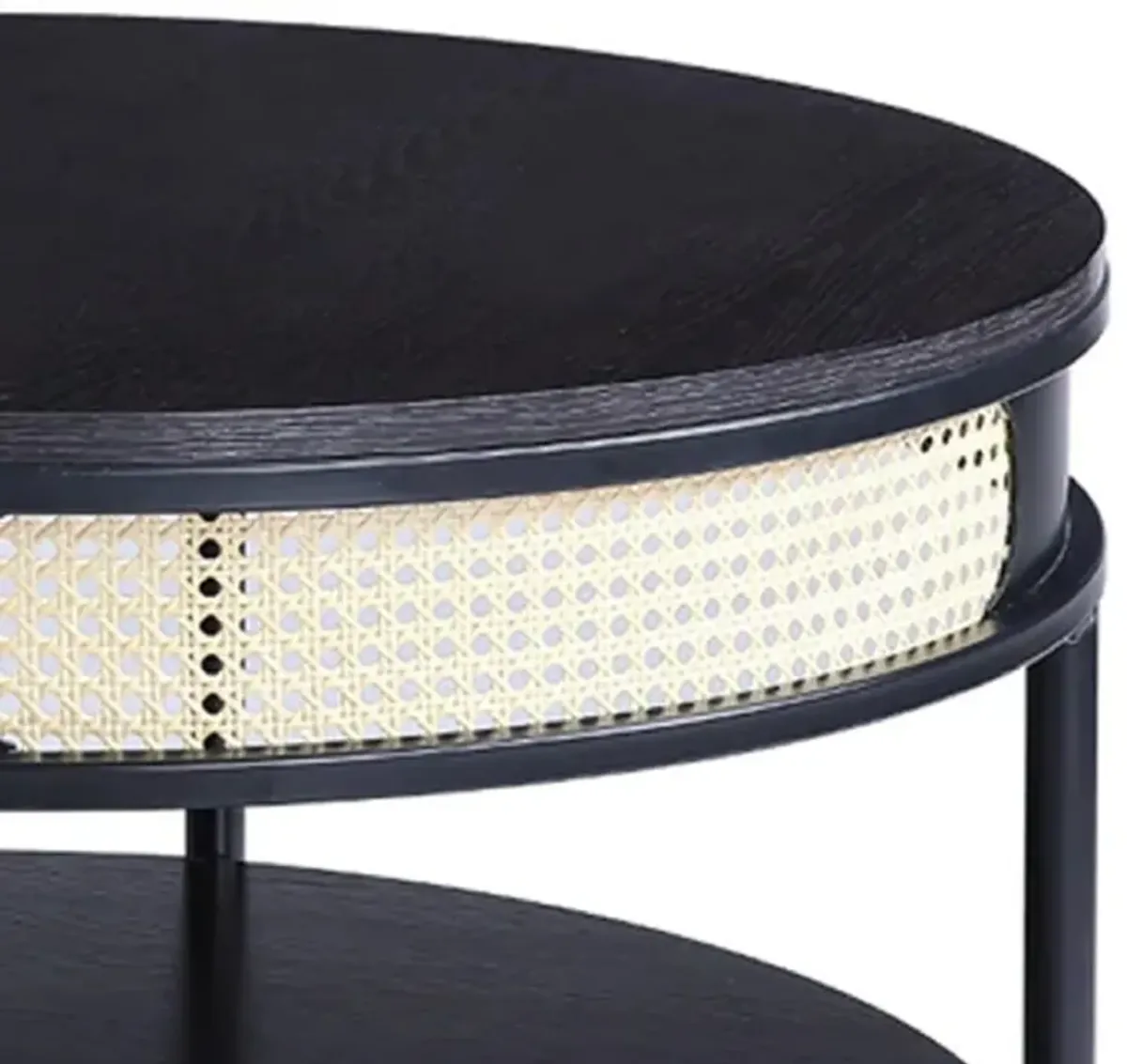 Bert 32 Inch Round Coffee Table, Rattan Apron Accent, Metal Legs, Black-Benzara