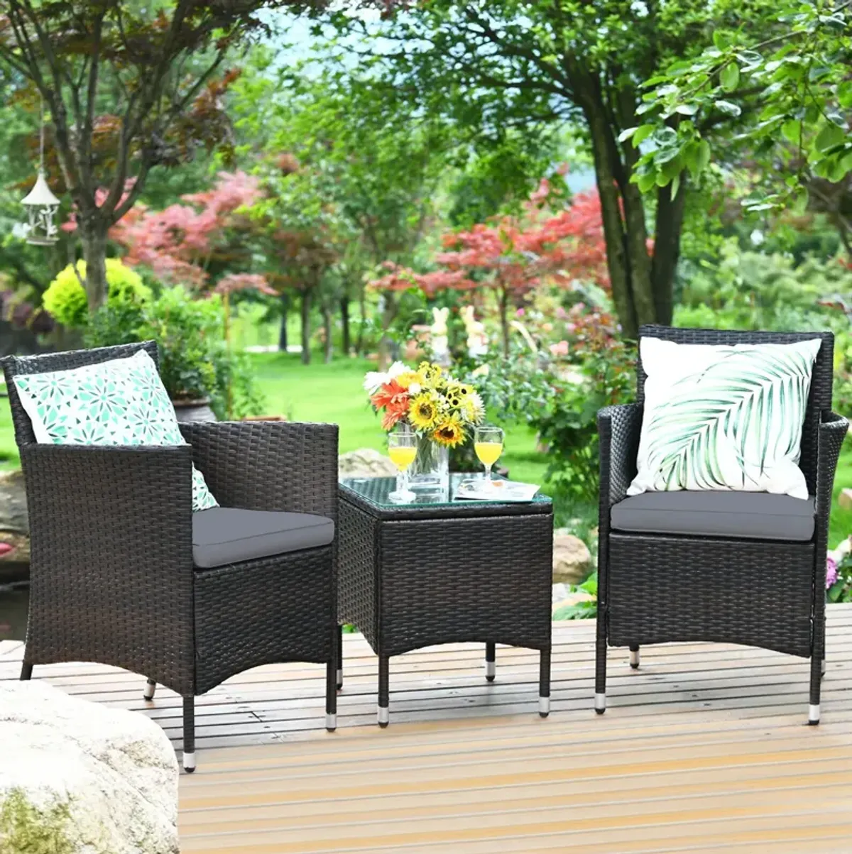 3 Pieces Ergonomic Wicker Patio Conversation Set-Grey