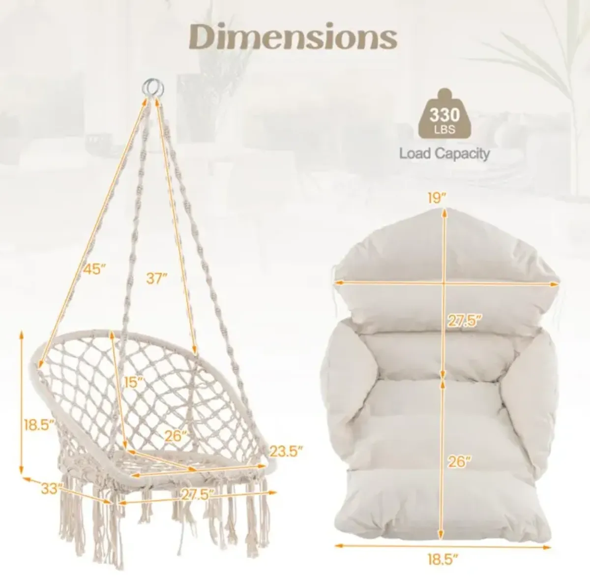 Hivvago Hammock Chair with Thick Cushion & Macrame Holds up to 330 LBS-Beige