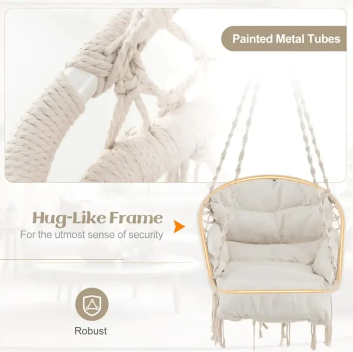 Hivvago Hammock Chair with Thick Cushion & Macrame Holds up to 330 LBS-Beige