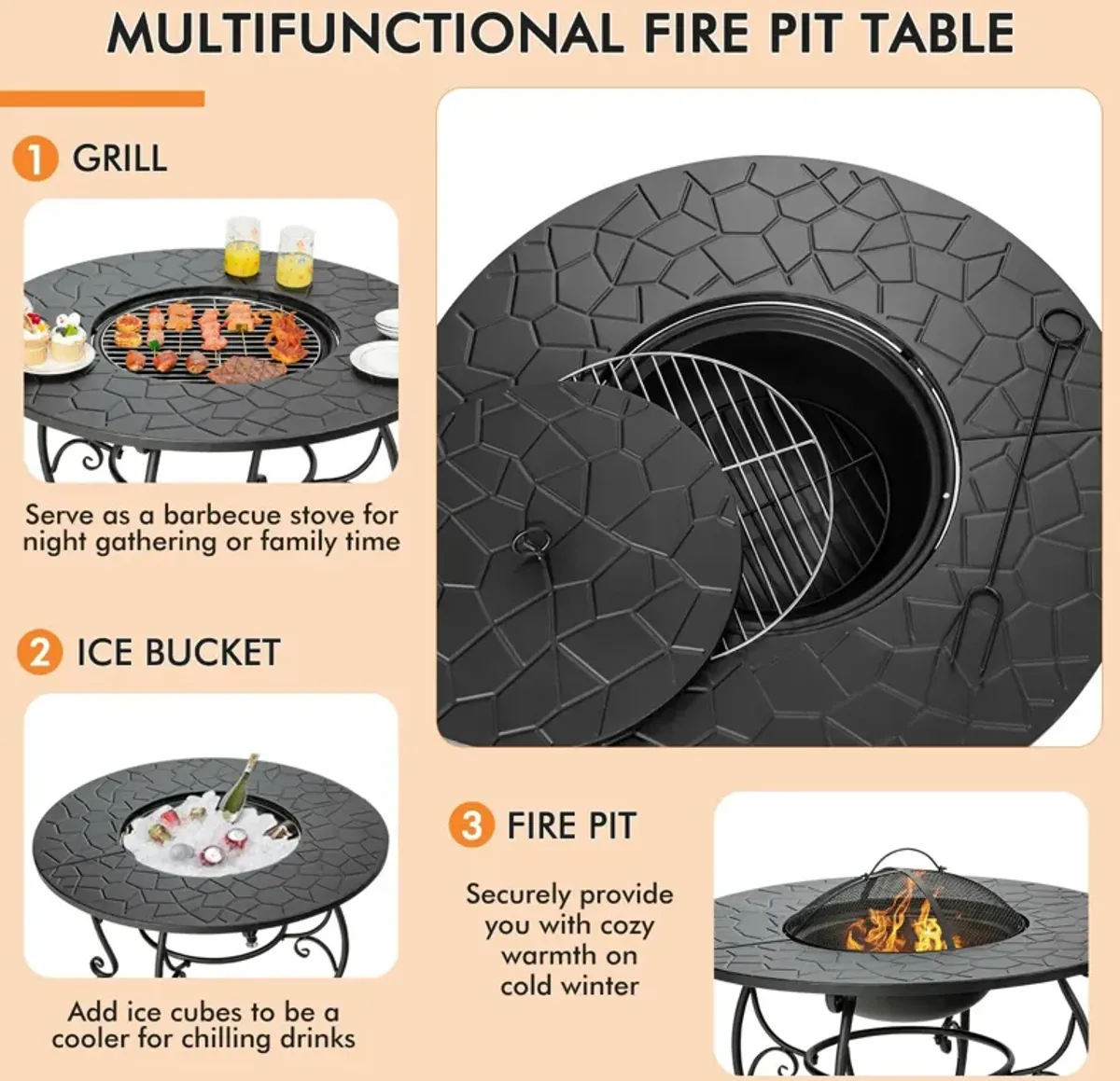 35.5 Feet Patio Fire Pit Dining Table With Cooking BBQ Grate