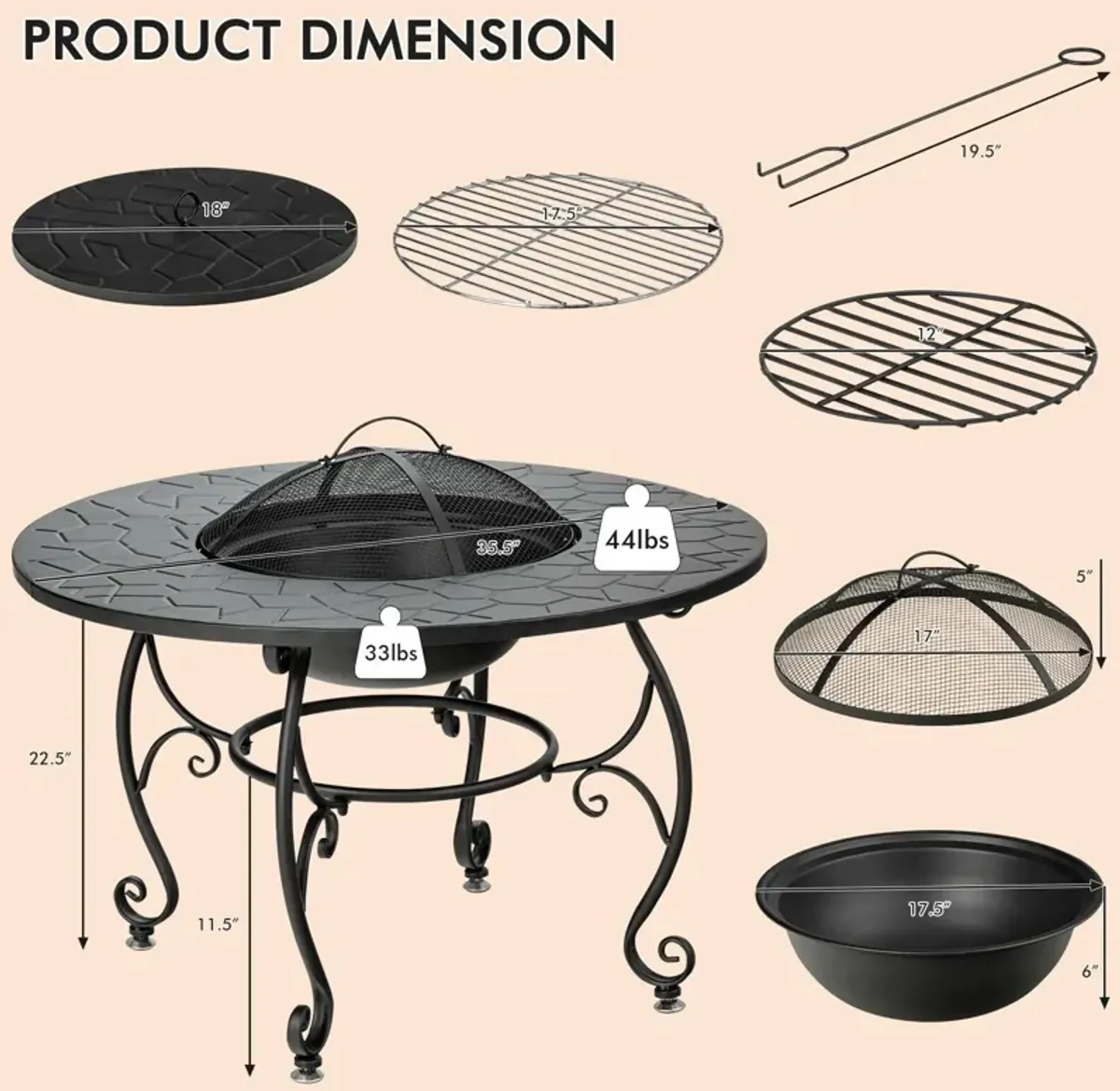 35.5 Feet Patio Fire Pit Dining Table With Cooking BBQ Grate