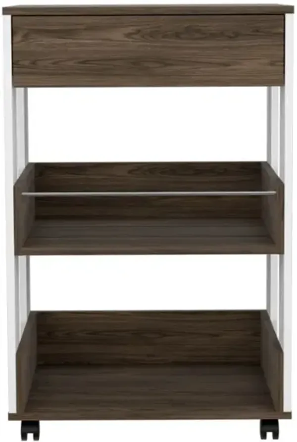 DEPOT E-SHOP Pillar Kitchen Cart, Four Casters, Three Shelves, White / Dark Walnut