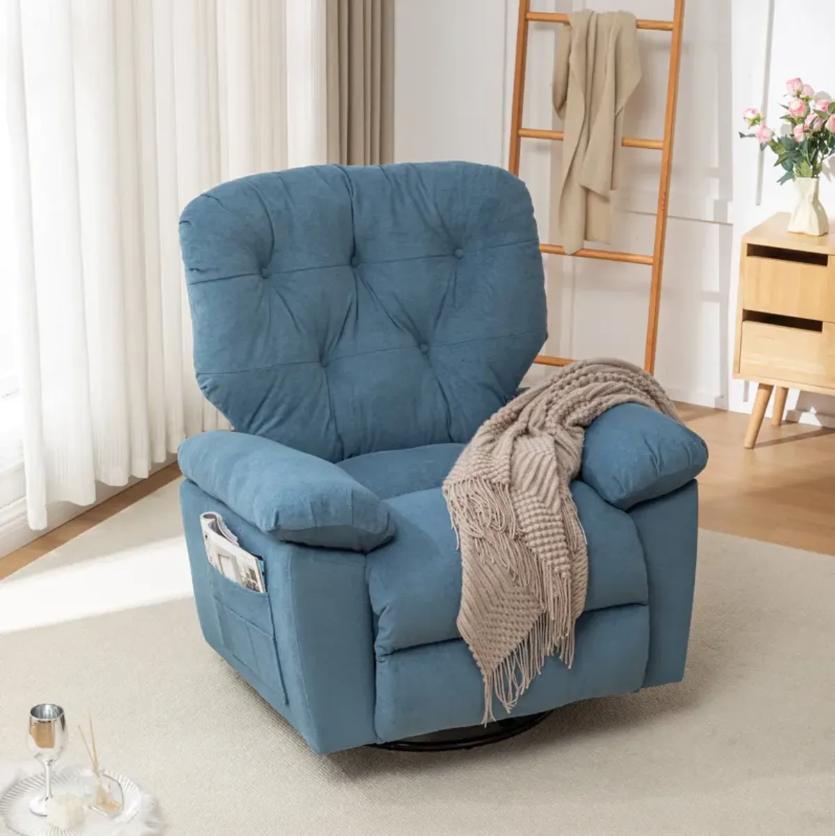 Mondawe Relaxing Recliner Swivel Chair, Soft Artificial Fleece Glider with Side Pocket