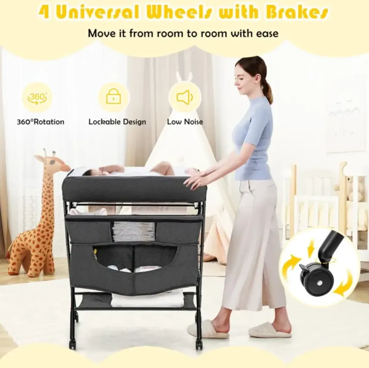 Hivvago Portable Adjustable Height Newborn Nursery Organizer with Wheel