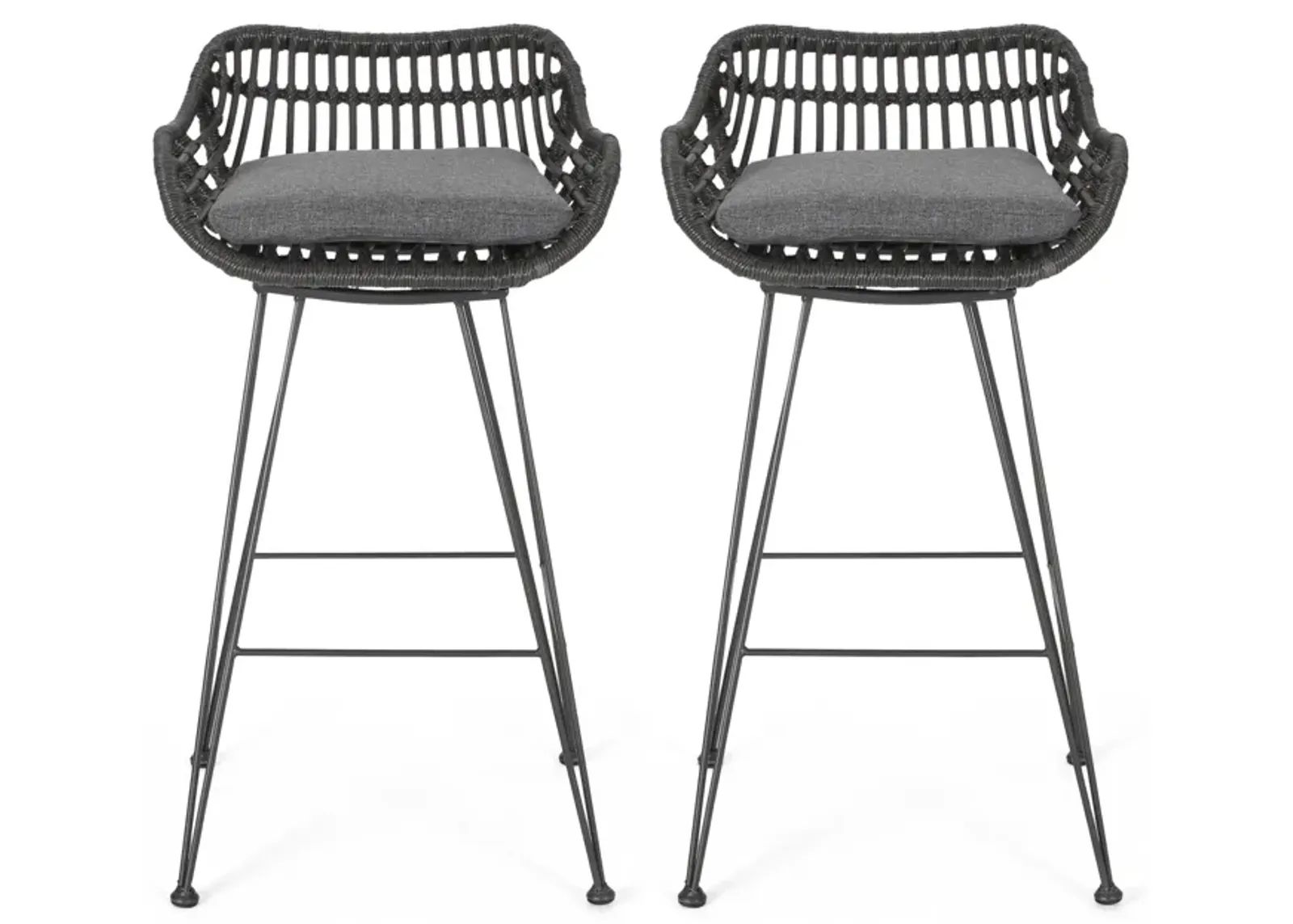 Modern Outdoor Wicker Barstools with Cushions (Set of 2)