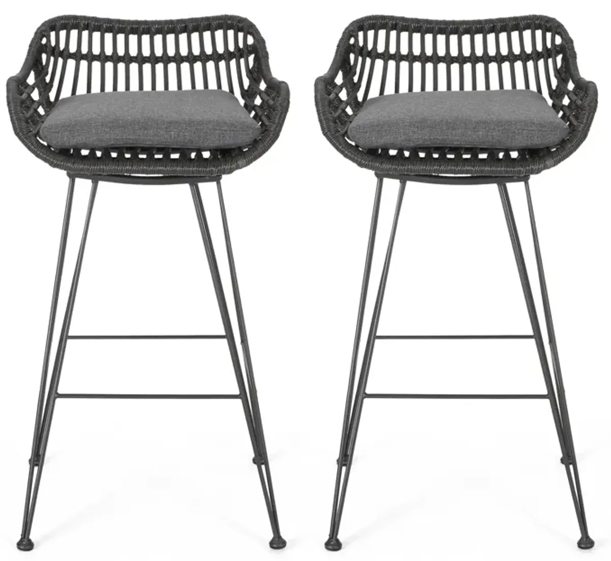 Modern Outdoor Wicker Barstools with Cushions (Set of 2)