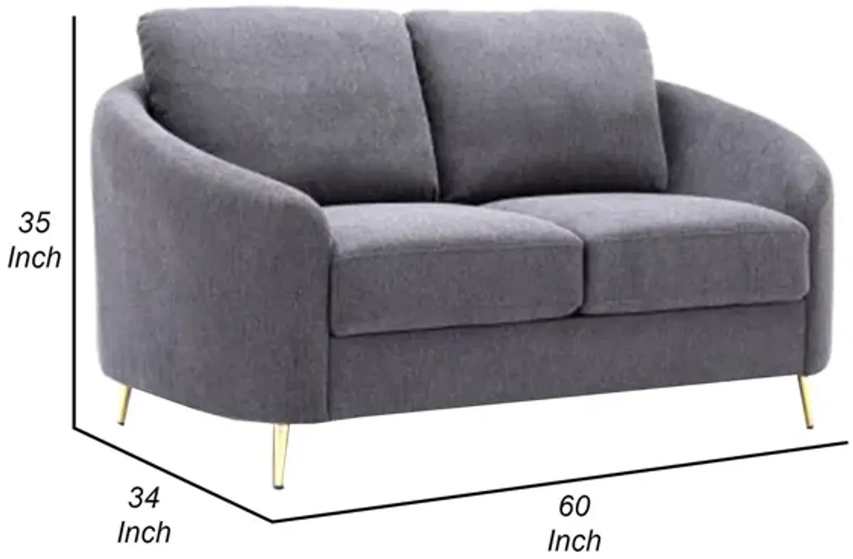 Nial 60 Inch Loveseat, Linen Upholstery, Pine Wood, Smooth Gray, Gold Legs - Benzara