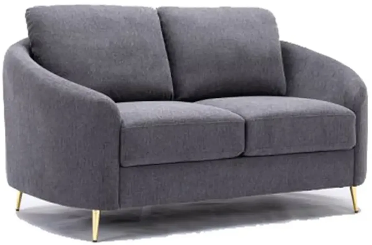 Nial 60 Inch Loveseat, Linen Upholstery, Pine Wood, Smooth Gray, Gold Legs - Benzara