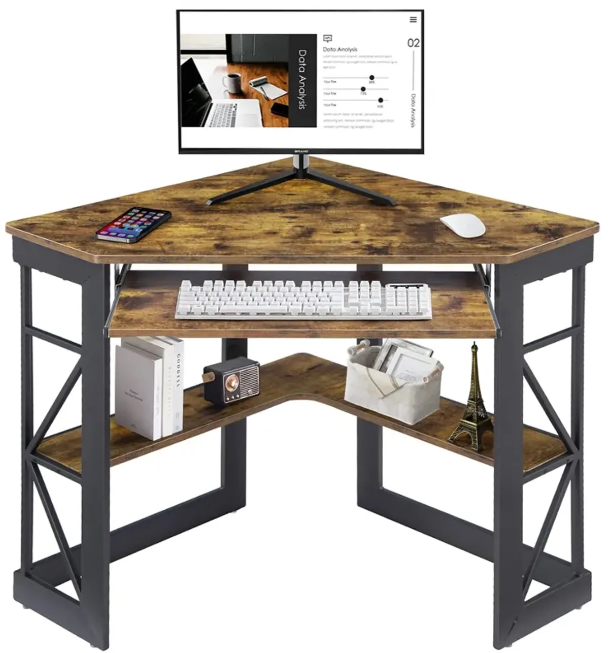 VECELO Corner Computer Desk 41 x 30 inches with Smooth Keyboard & Storage Shelves for Home Office Workstation, Antique Brown