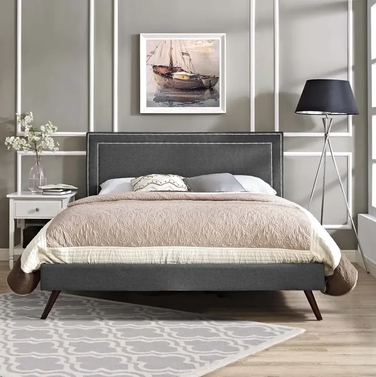 Modway - Virginia Queen Fabric Platform Bed with Round Splayed Legs Gray