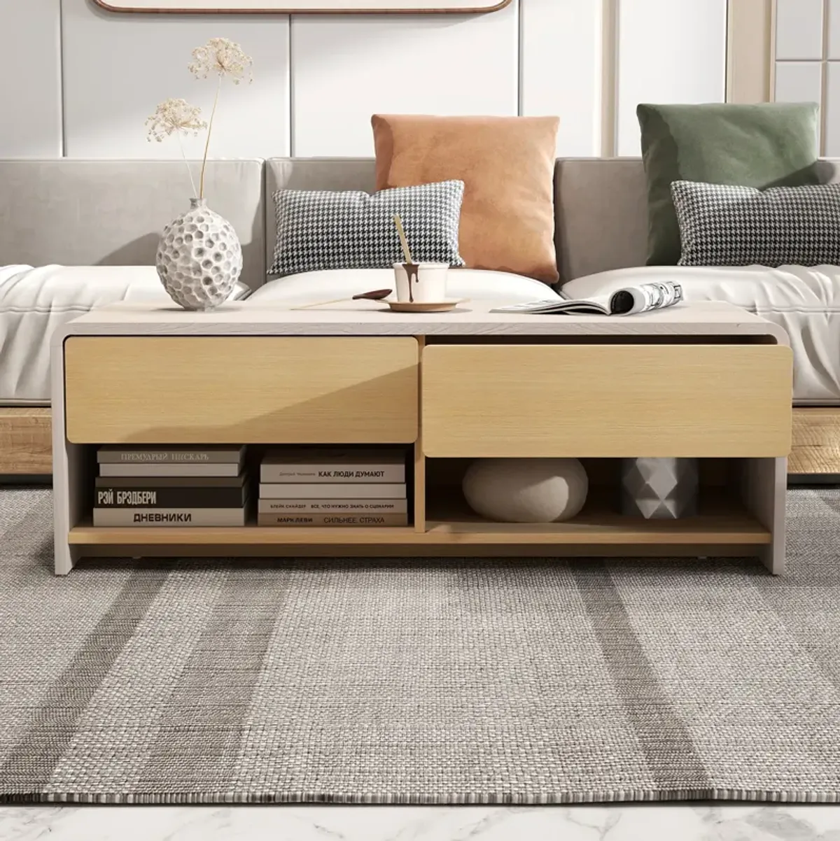 Space-Saving Coffee Table with 2 Drawers and 2 Storage Shelves for Living Room