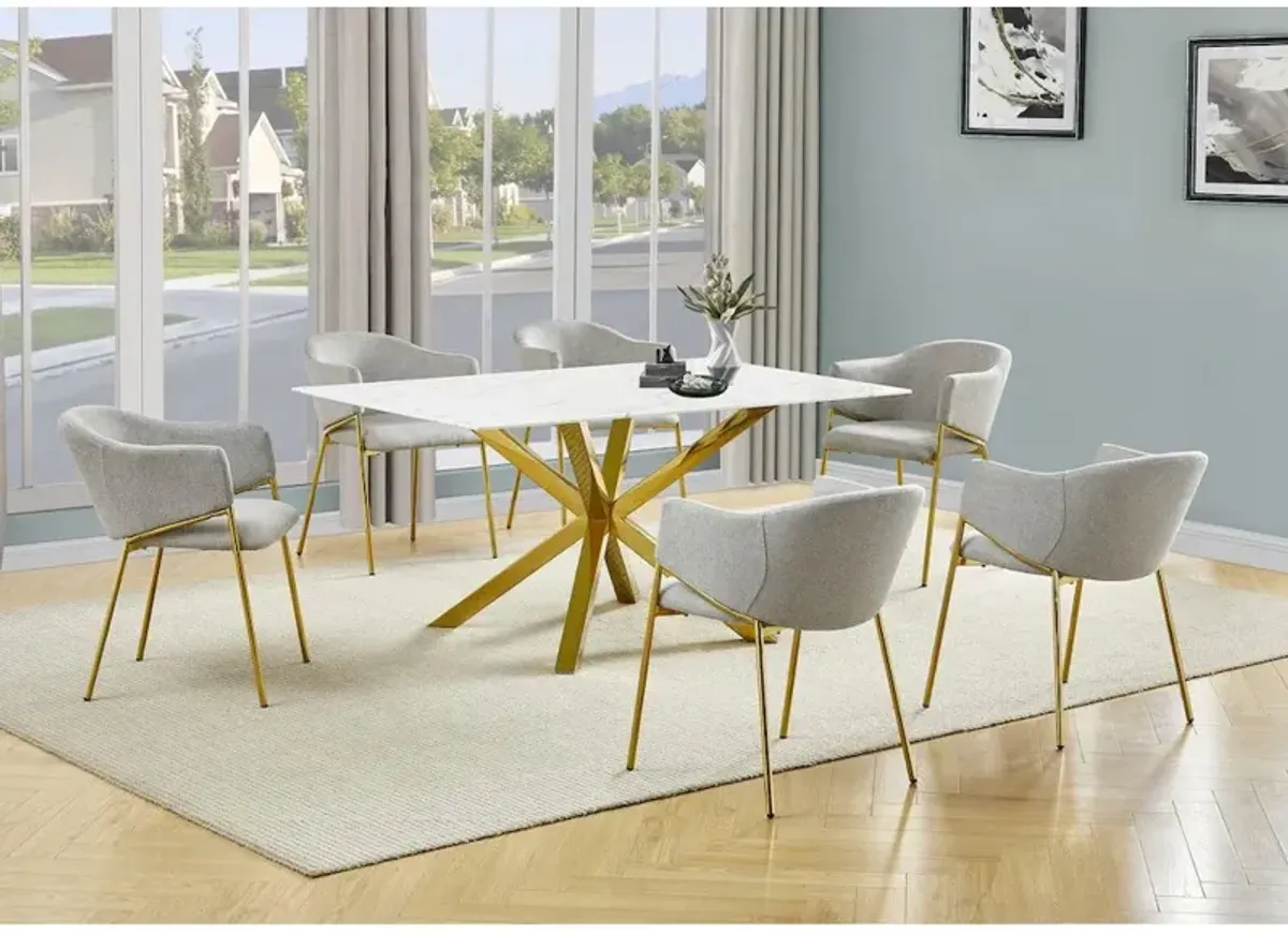 Best Quality Furniture 7Pc Rectangle Marble Wrap Tempered Glass Dining Table 6 Linen Gray Side Chairs