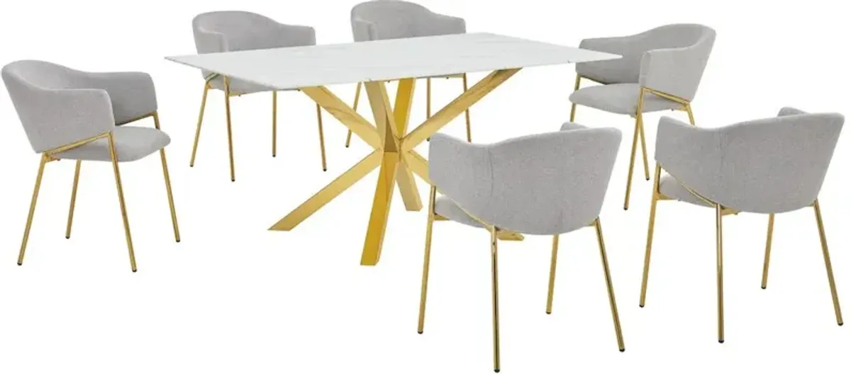 Best Quality Furniture 7Pc Rectangle Marble Wrap Tempered Glass Dining Table 6 Linen Gray Side Chairs