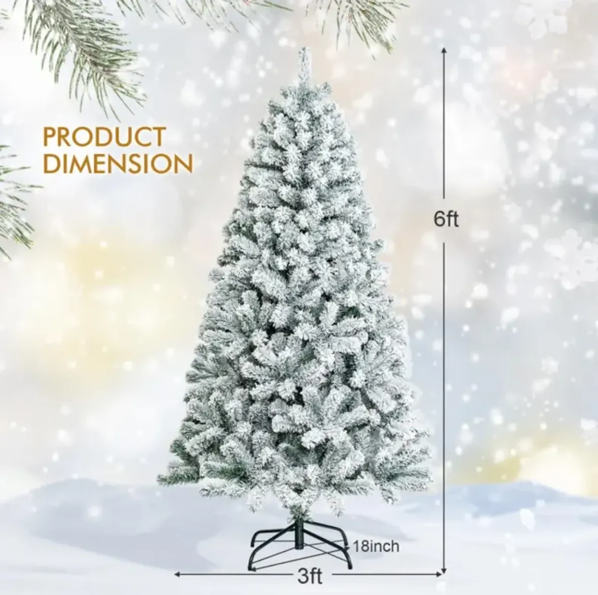 Hivvago 6/7.5/9 Feet Artificial Snow Flocked Hinged Christmas Tree with Metal Stand