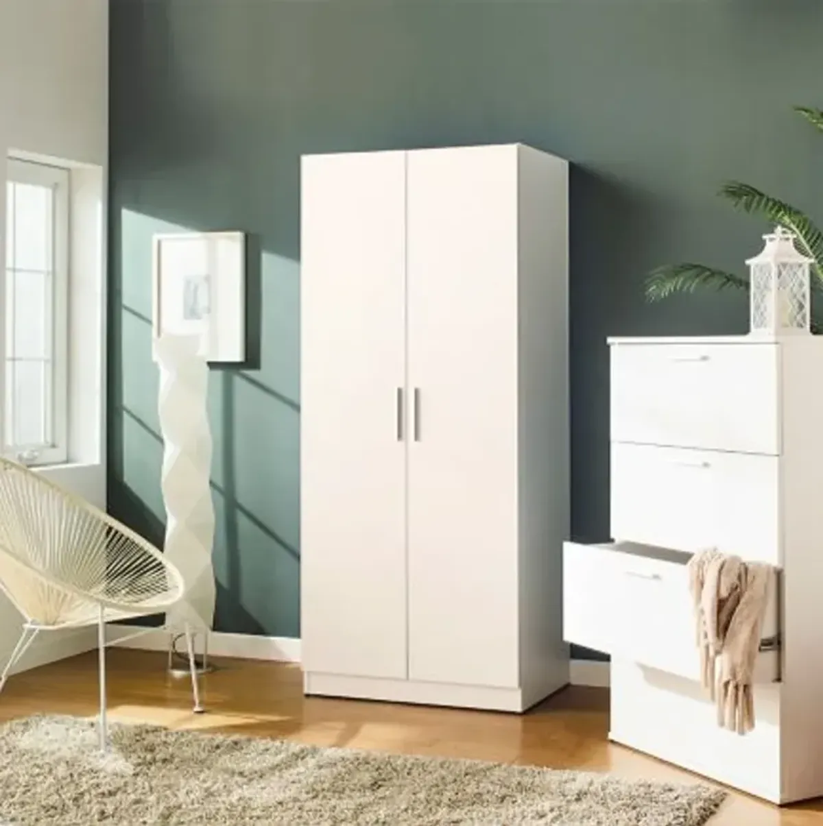 FC Design Klair Living Contemporary Wood Closet with Hanging Bars and Five Shelves in White