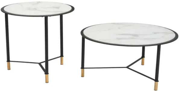 Hivvago Set of Two White and Black Faux Marble And Glass And Steel Round Bunching Coffee Tables