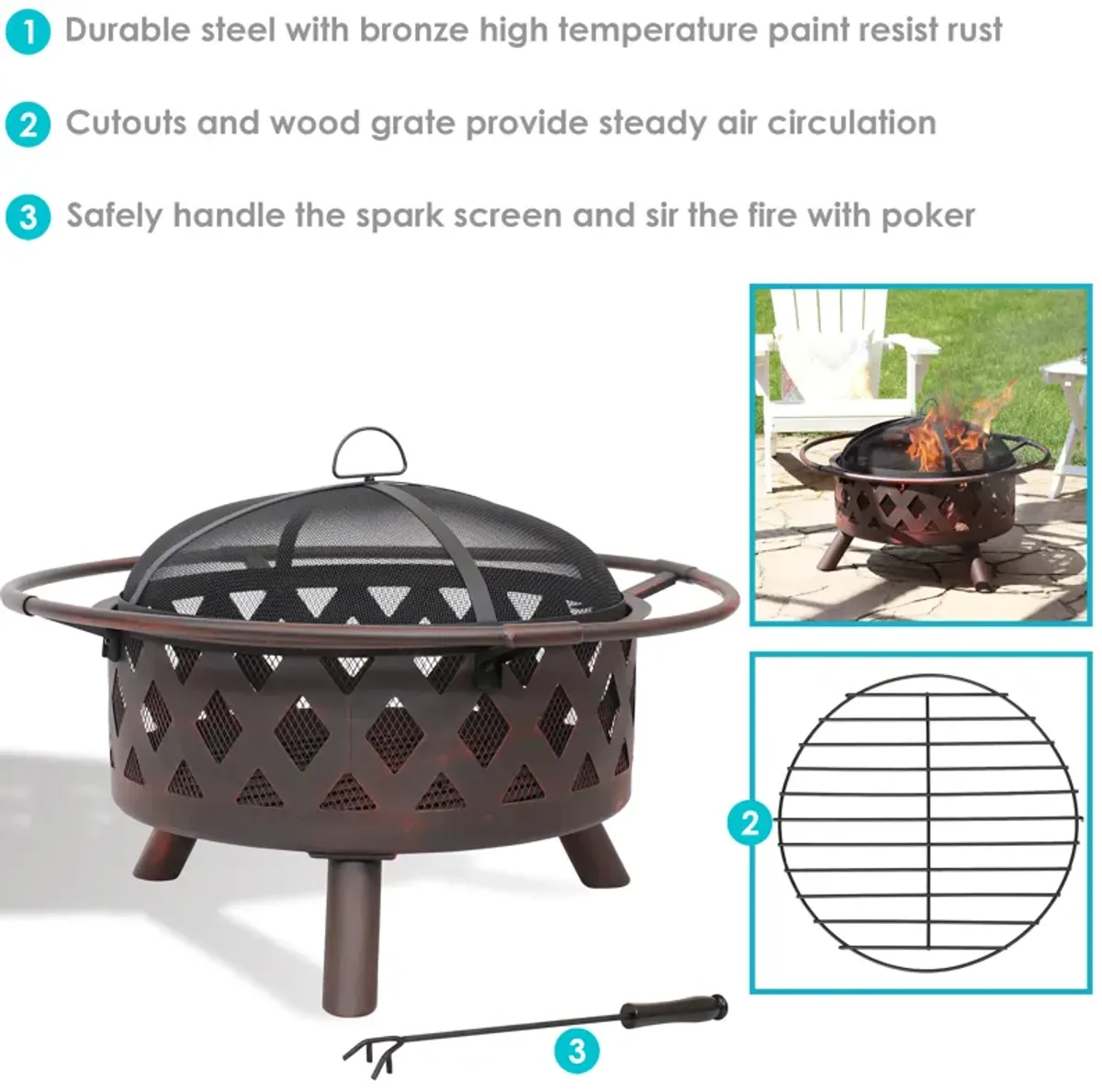 Sunnydaze 36 in Crossweave Steel Fire Pit with Screen, Poker, and Grate