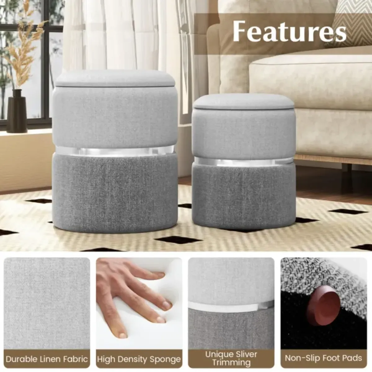 Hivvago Velvet/Linen Fabric Storage Ottoman Set of 2