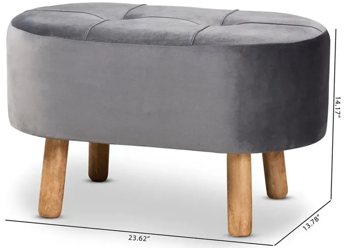 Simone Mid-Century Modern Grey Velvet Fabric Upholstered Wood Ottoman