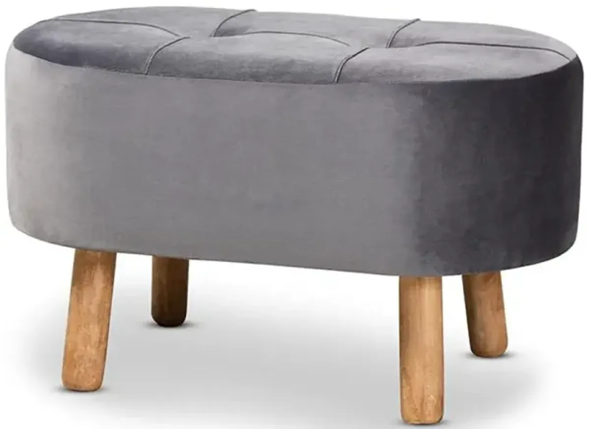 Simone Mid-Century Modern Grey Velvet Fabric Upholstered Wood Ottoman