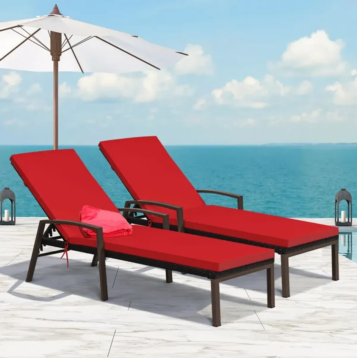 2 Pieces Patio Rattan Adjustable Back Lounge Chair with Armrest and Removable Cushions