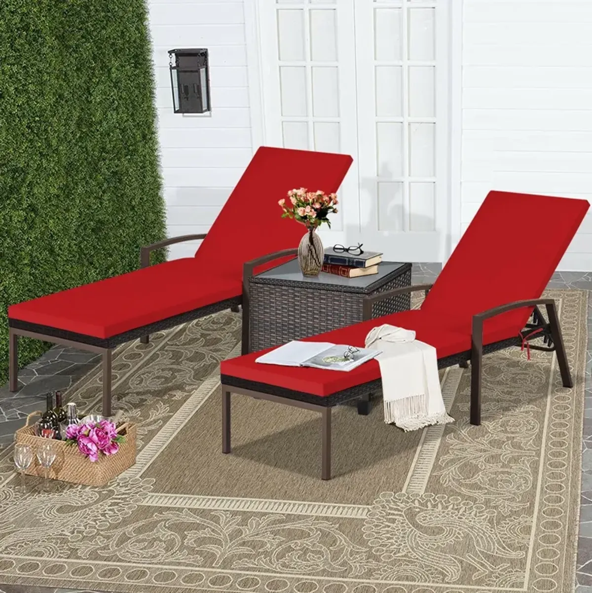 2 Pieces Patio Rattan Adjustable Back Lounge Chair with Armrest and Removable Cushions