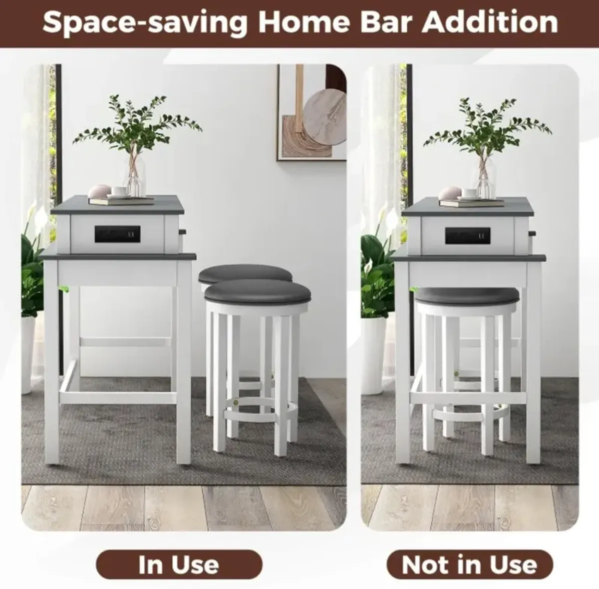 Hivvago 3-Piece Home Bar Set with 2 Upholstered Bar Stools, Outlets and USB Ports