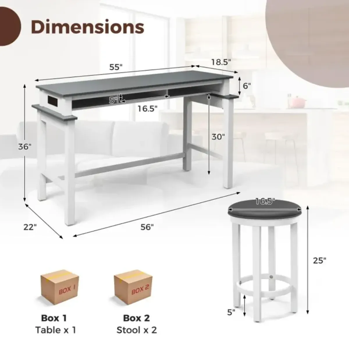 Hivvago 3-Piece Home Bar Set with 2 Upholstered Bar Stools, Outlets and USB Ports