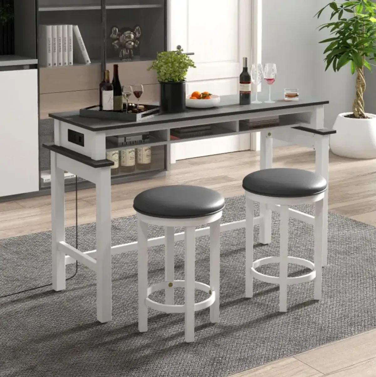 Hivvago 3-Piece Home Bar Set with 2 Upholstered Bar Stools, Outlets and USB Ports