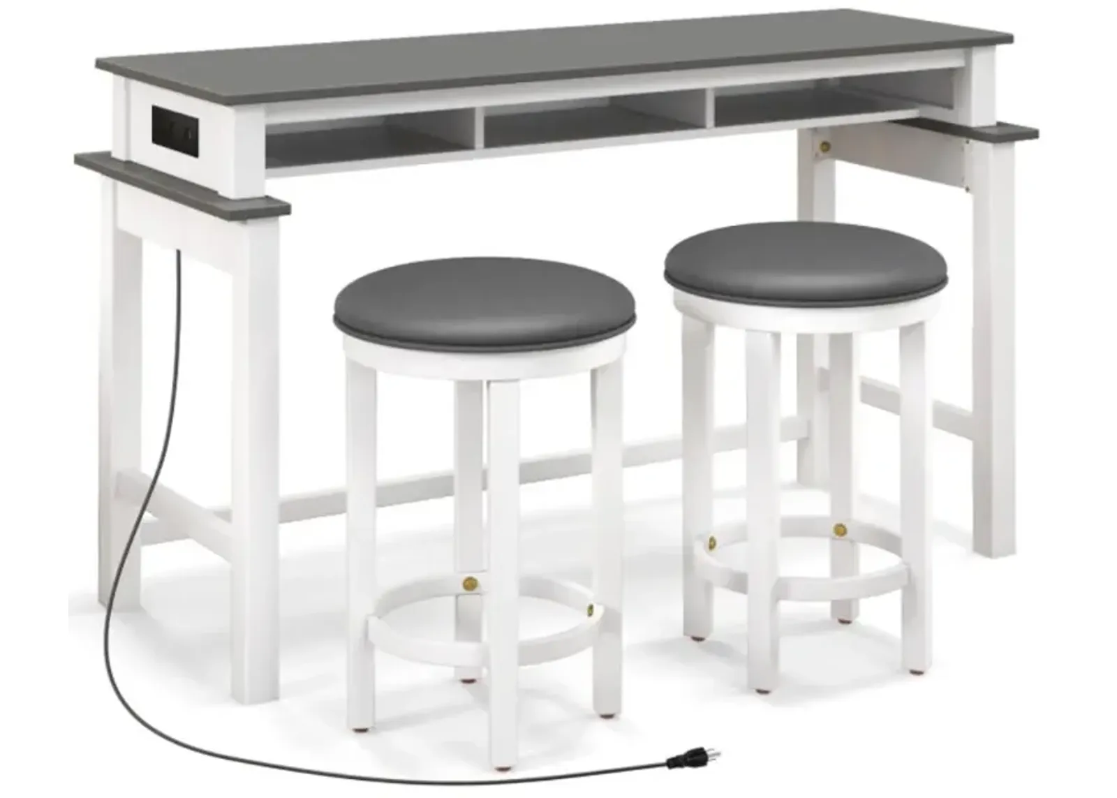 Hivvago 3-Piece Home Bar Set with 2 Upholstered Bar Stools, Outlets and USB Ports