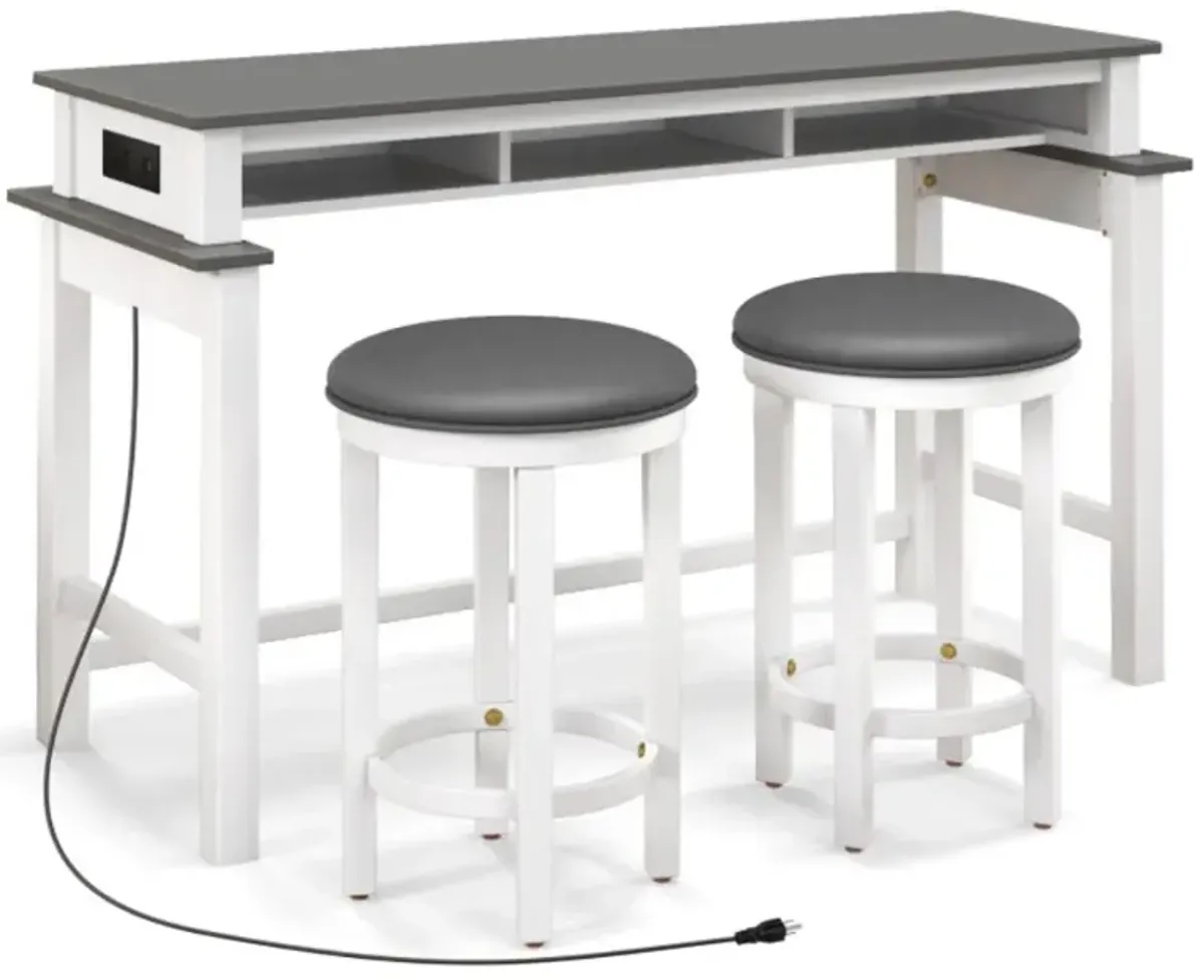 Hivvago 3-Piece Home Bar Set with 2 Upholstered Bar Stools, Outlets and USB Ports