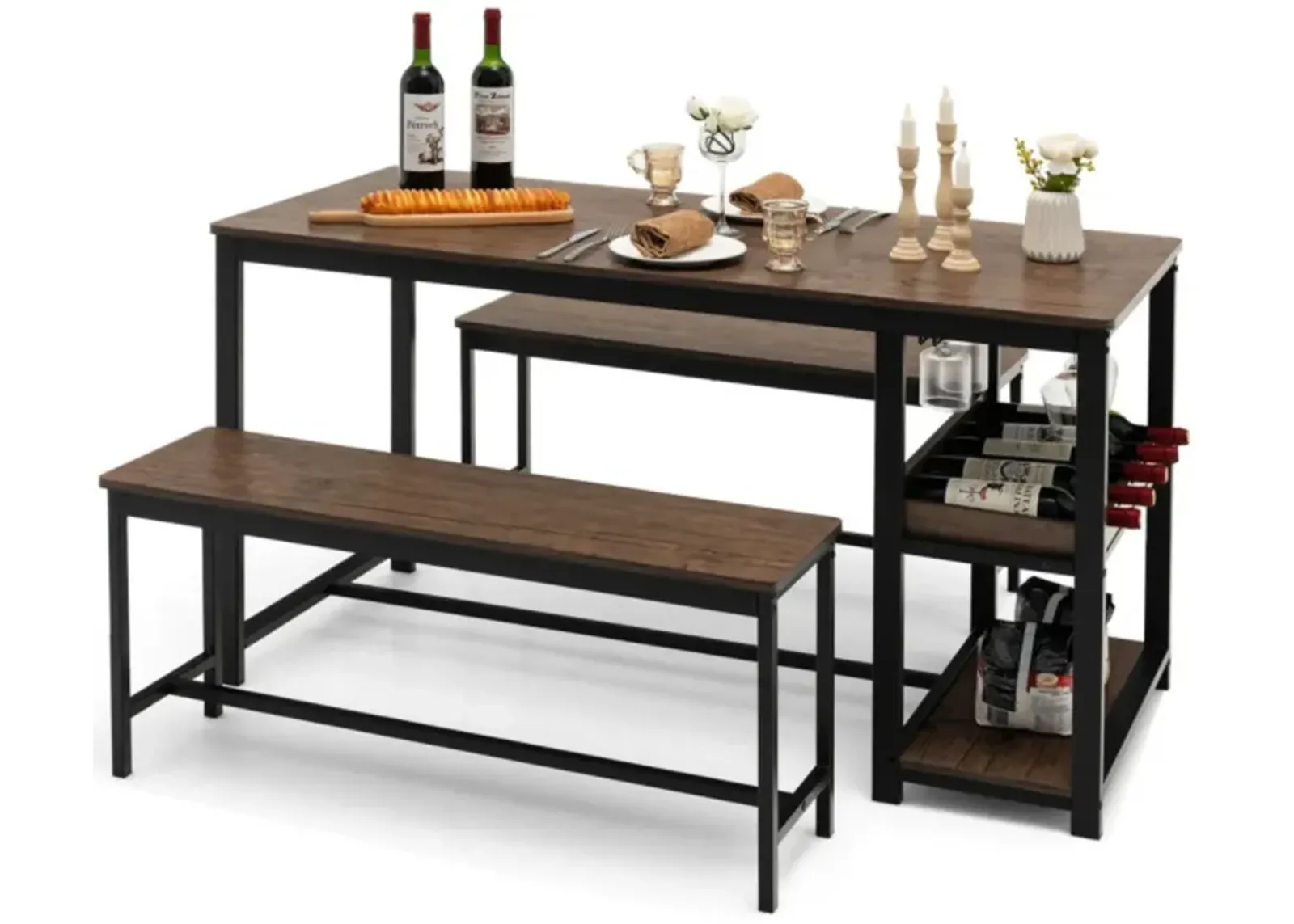 Hivvago 3 Pieces Dining Table Set for 4 with Wine Rack-Brown