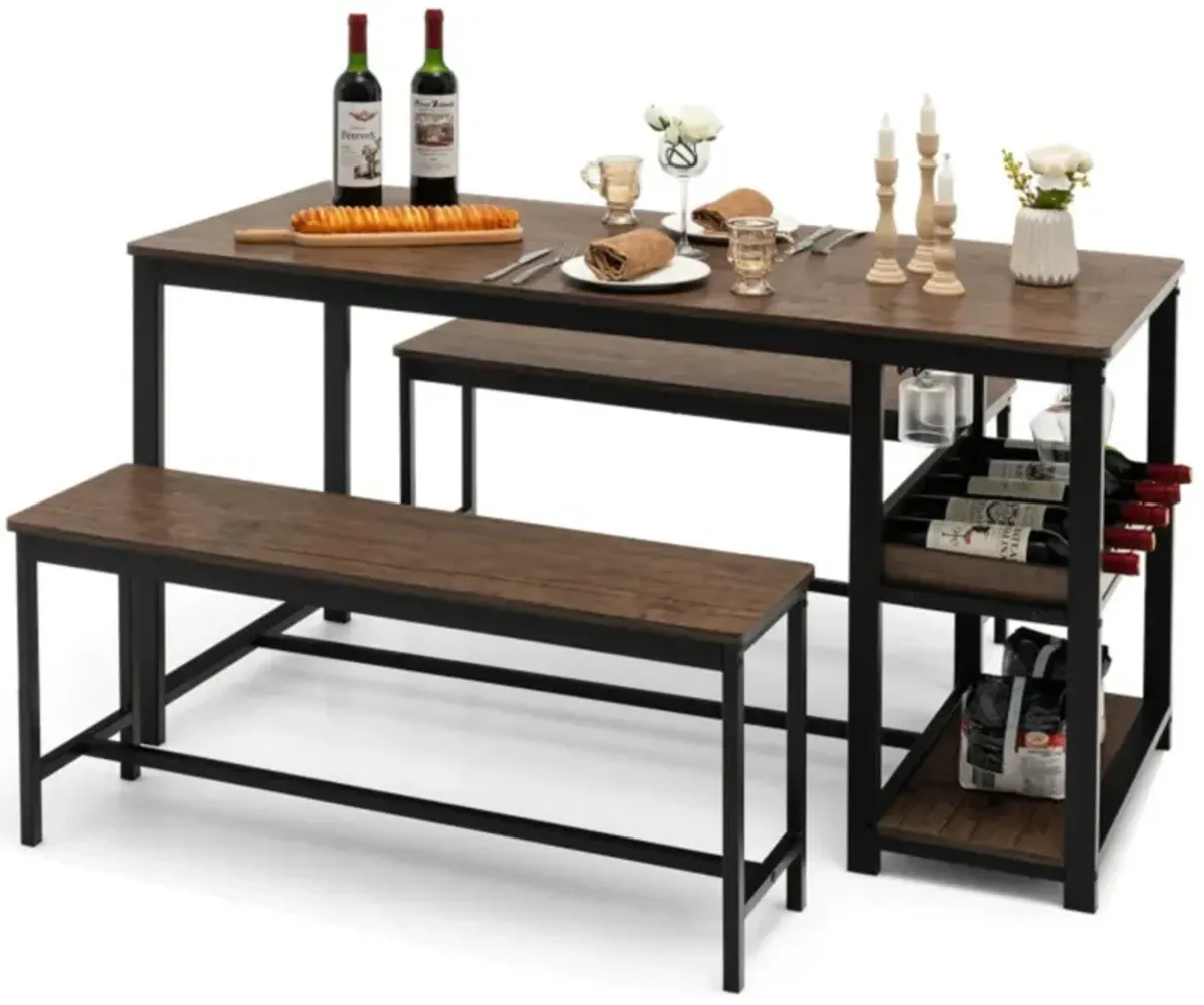 Hivvago 3 Pieces Dining Table Set for 4 with Wine Rack-Brown