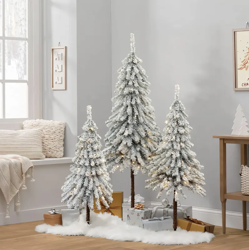 LuxenHome 3-Piece Snow-Flocked Sweeping Branches Artificial Tree Set with Battery Operated Lights