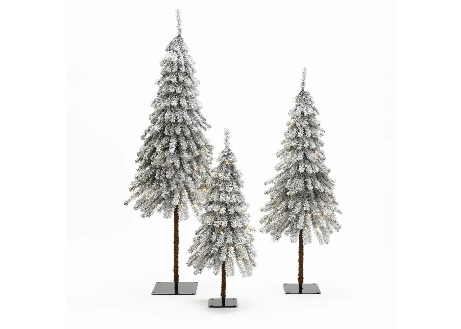 LuxenHome 3-Piece Snow-Flocked Sweeping Branches Artificial Tree Set with Battery Operated Lights