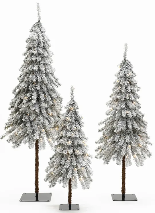 LuxenHome 3-Piece Snow-Flocked Sweeping Branches Artificial Tree Set with Battery Operated Lights