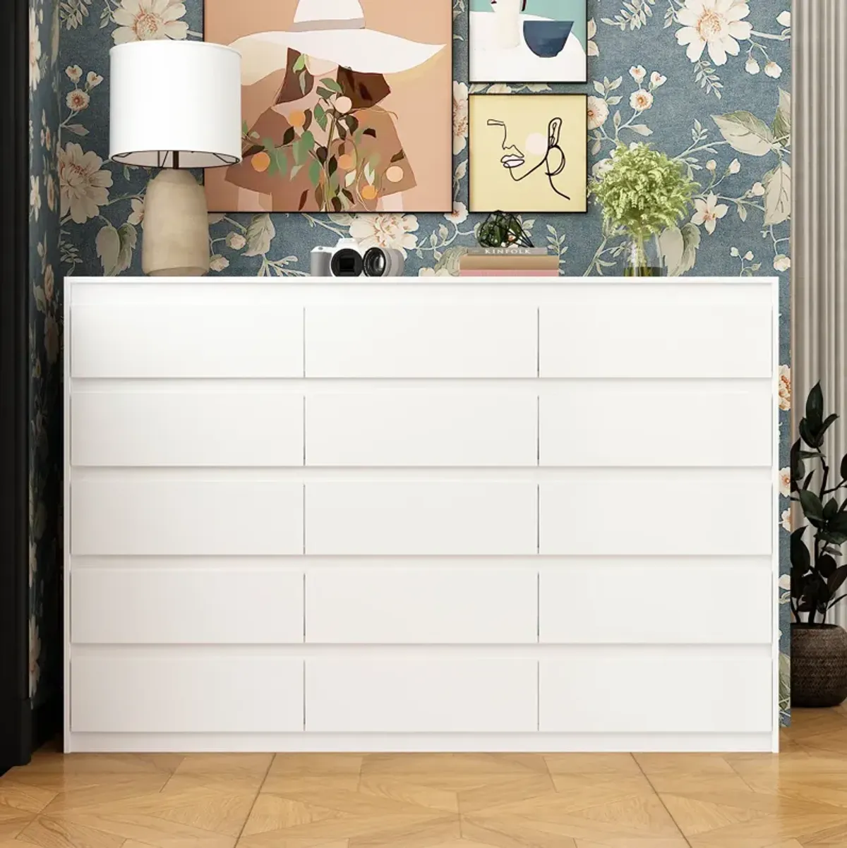 70.9"  Storage Dresser with 15 Handleless Drawers, White Chest of Drawers, Modern Wooden Double Dresser for Bedroom Living Room