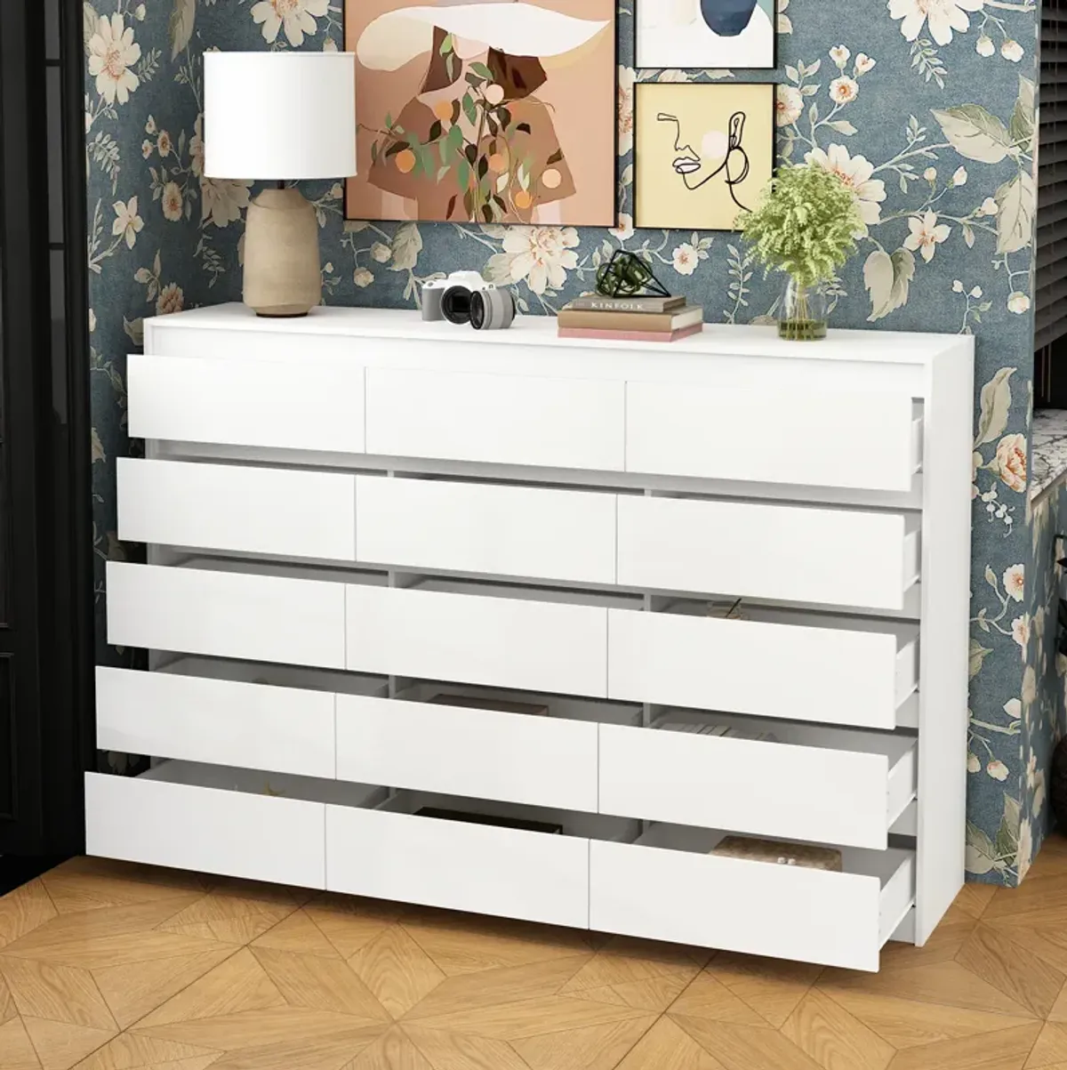 70.9"  Storage Dresser with 15 Handleless Drawers, White Chest of Drawers, Modern Wooden Double Dresser for Bedroom Living Room