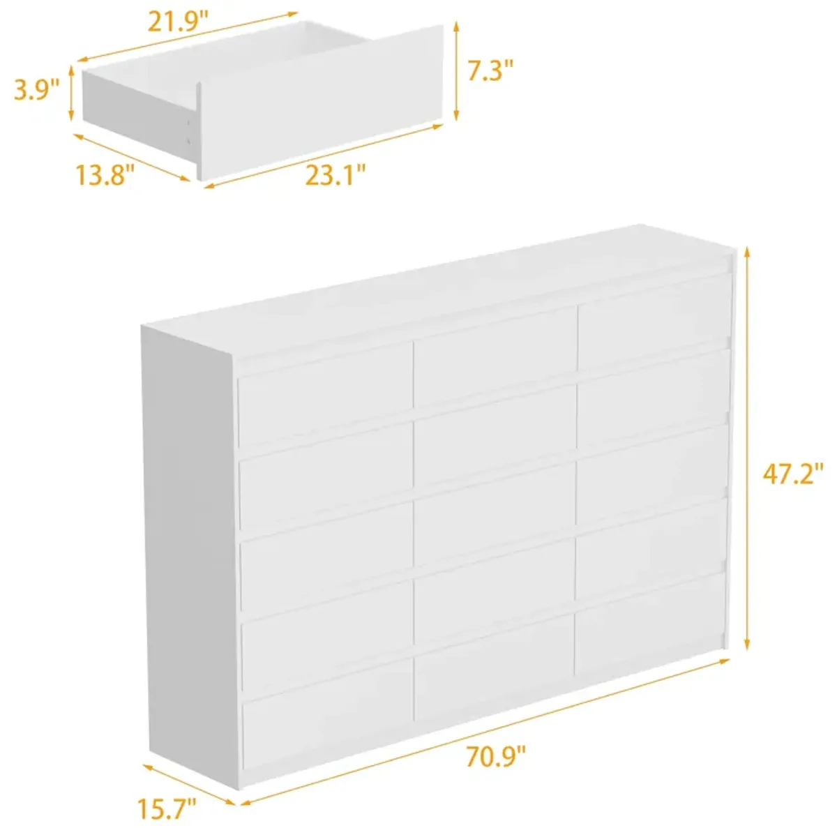 70.9"  Storage Dresser with 15 Handleless Drawers, White Chest of Drawers, Modern Wooden Double Dresser for Bedroom Living Room