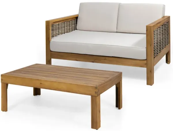 Merax Outdoor Acacia Wood and Wicker Loveseat and Coffee Table Set