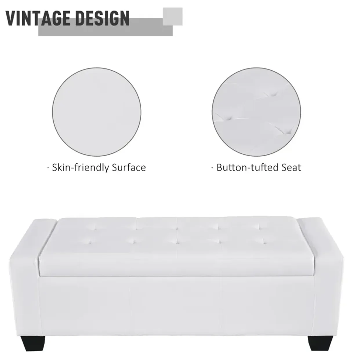 Sleek Multifunctional Bench: 50.5" White Faux Leather Ottoman with Storage