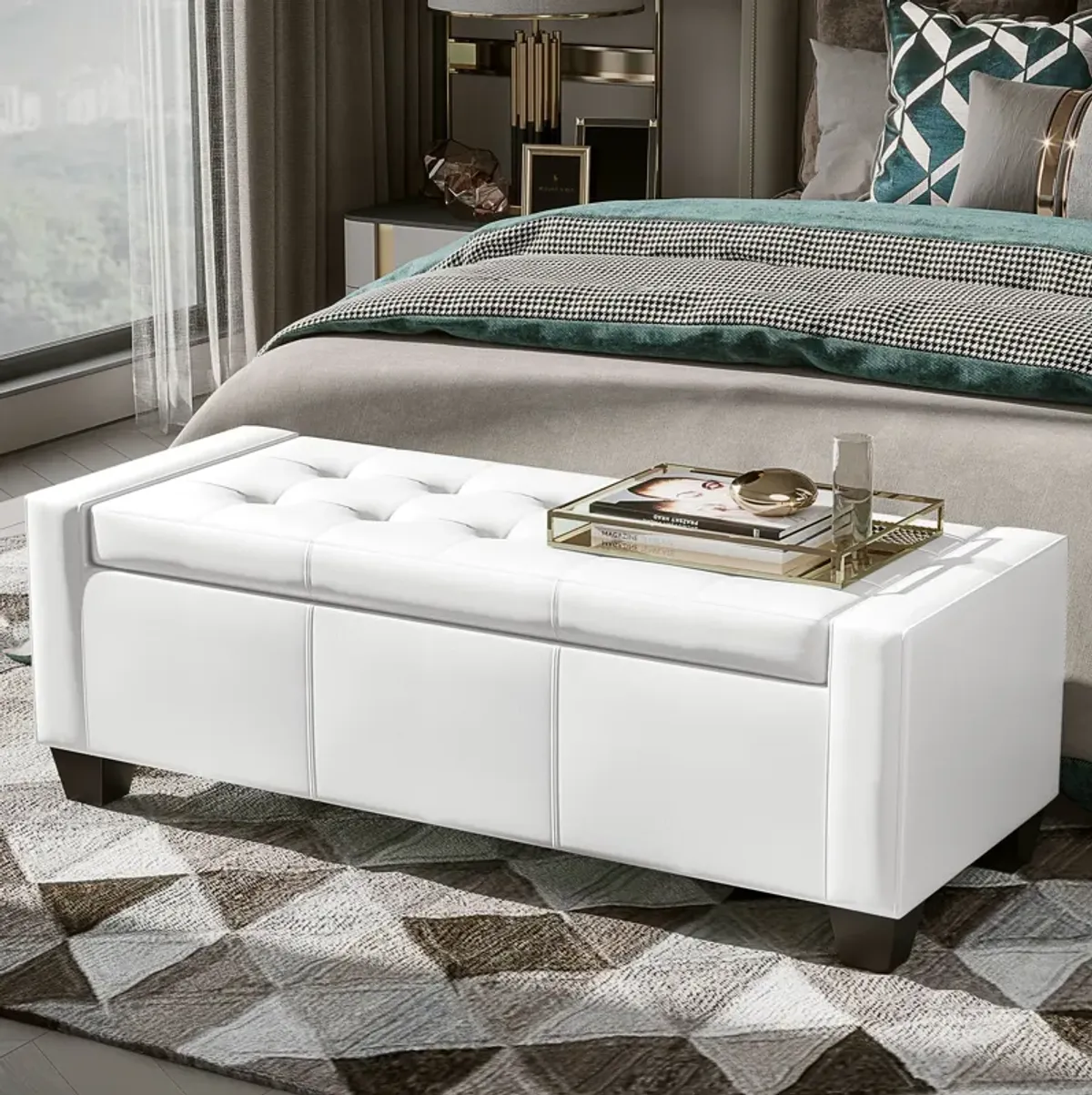 Sleek Multifunctional Bench: 50.5" White Faux Leather Ottoman with Storage