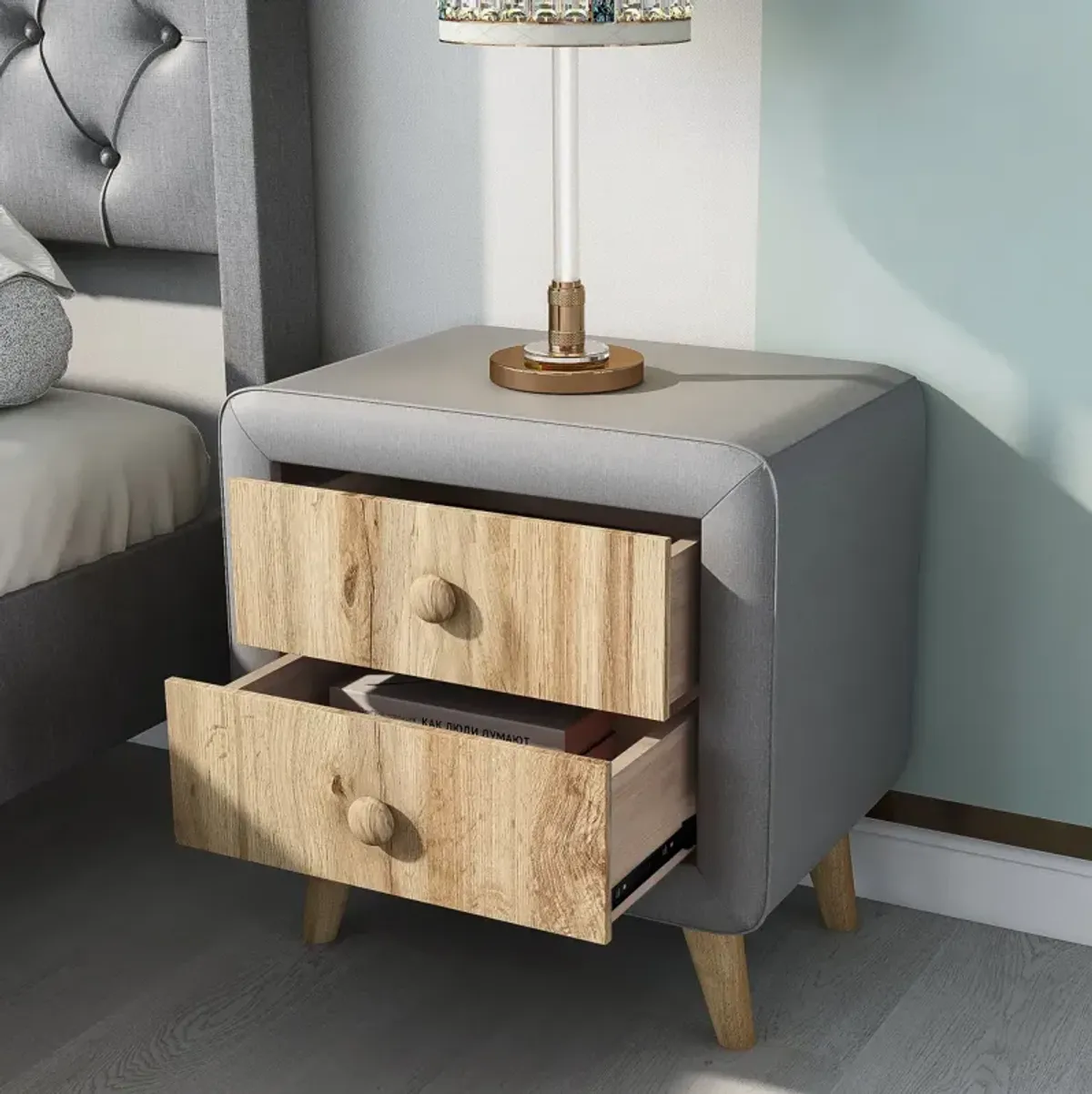 Upholstered Wooden Nightstand with 2 Drawers, Fully Assembled Except Legs and Handles, Bedside Table with Rubber Wood Leg