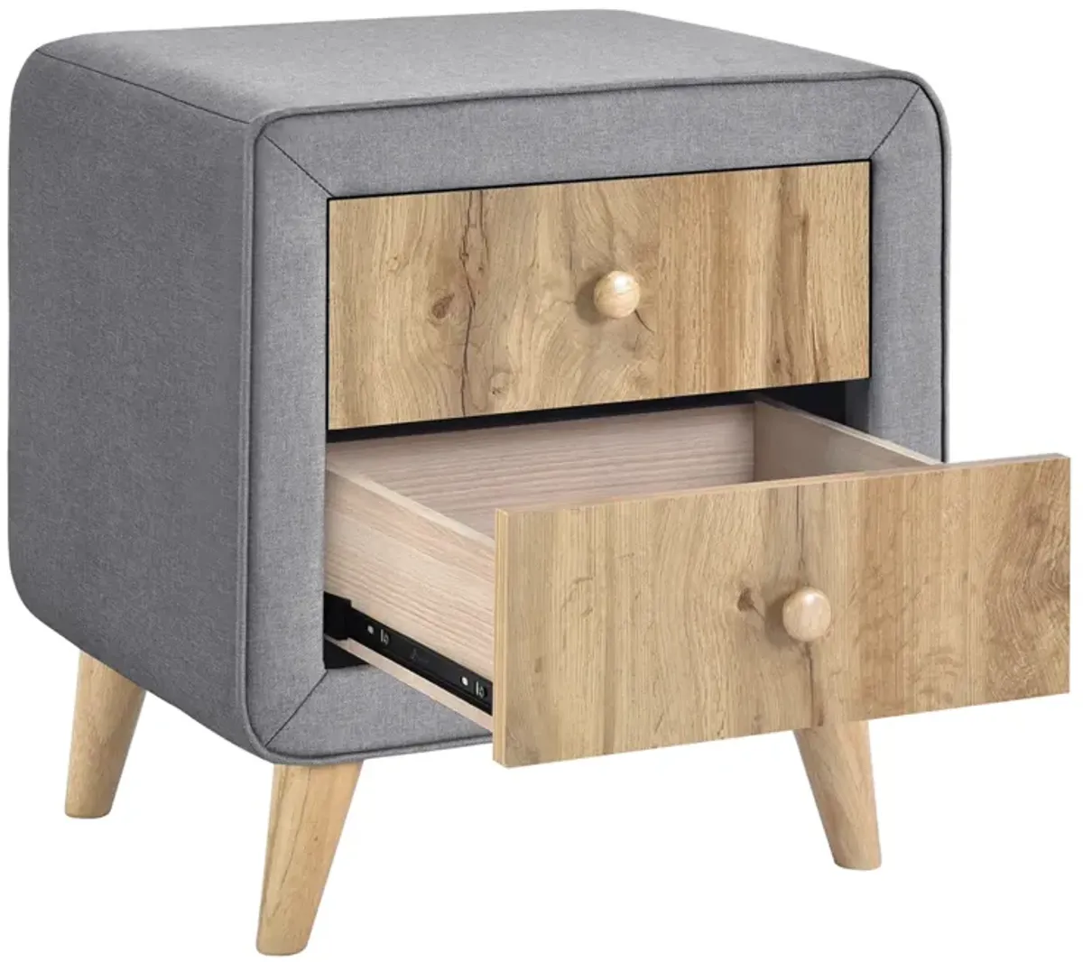 Upholstered Wooden Nightstand with 2 Drawers, Fully Assembled Except Legs and Handles, Bedside Table with Rubber Wood Leg