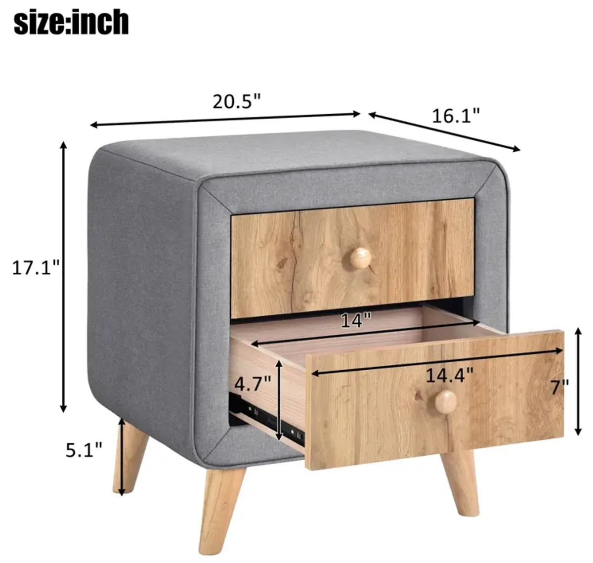 Upholstered Wooden Nightstand with 2 Drawers, Fully Assembled Except Legs and Handles, Bedside Table with Rubber Wood Leg