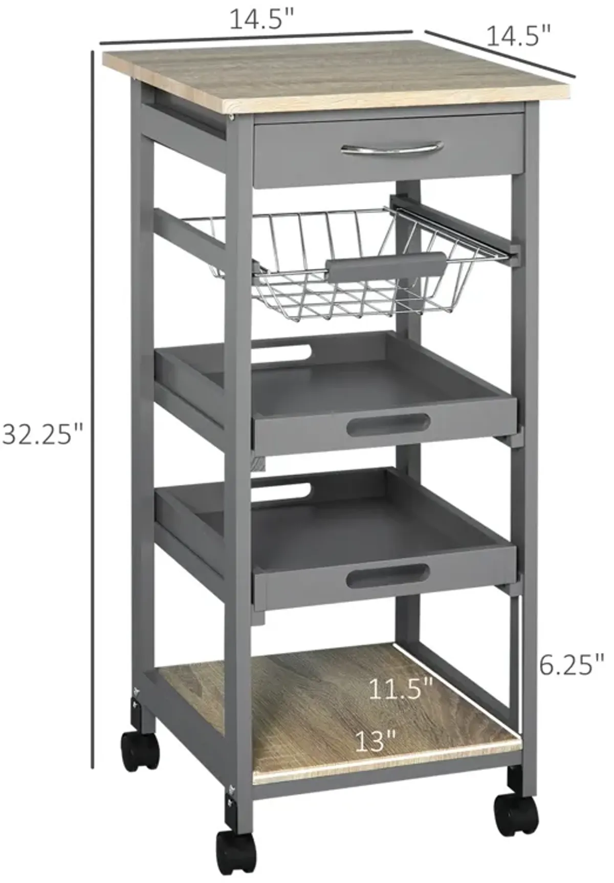 Gray Kitchen Helper: Rolling Cart with Tray and Basket